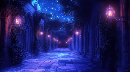 Silent and dark magical school corridor, faint whispers echoing in the moonlight, anime style, nighttime