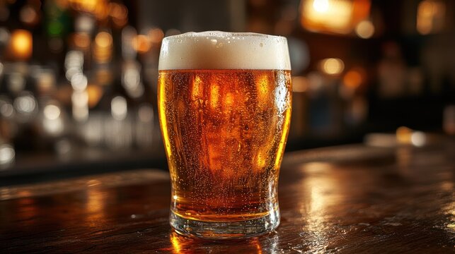 Glass of beer with foam sits on a wooden bar surface.