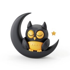 Obraz premium Cute black owl resting on a crescent moon.