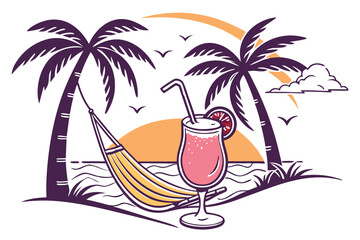 94 Tropical beach icon, vibrant sunset backdrop, palm tree silhouette, refreshing cocktail glass, pink gradient drink, white foam, curvy straw, floating hammock, stylized waves, minimal design, bright