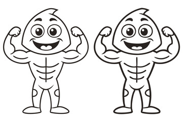 Smiling Mascot Cartoon Character Showing Muscular Biceps Black and White Drawing