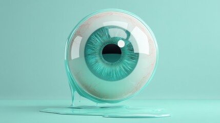 3D rendered surreal melting eyeball glowing with teal hues representing future vision and color perception expansion through discovery of olo color for science fiction and conceptual art projects
