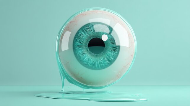 3D rendered surreal melting eyeball glowing with teal hues representing future vision and color perception expansion through discovery of olo color for science fiction and conceptual art projects
