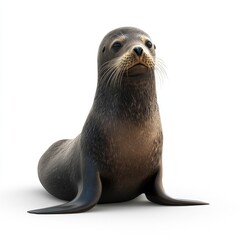 A juvenile sea lion sits posed against a stark white background.