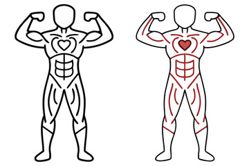 Muscular Man Anatomy with Heart Outline Vector, Line Art on White