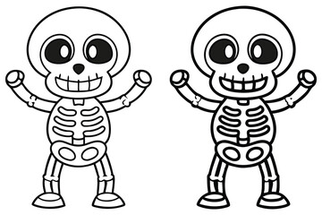 Outline Cartoonish Skeletons with Raised Hands on White Background Isolated