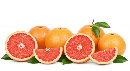Grapefruit Slices and Whole Fruits on White Background