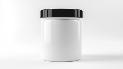 Empty white plastic jar with black lid on plain white background
