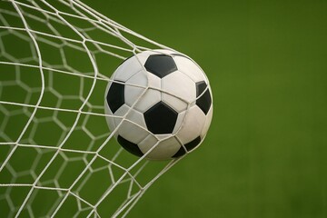Classic black and white soccer ball caught in goal net on green field, symbolizing scoring and victory in football.