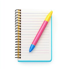 Spiral-bound notebook with pink and blue pen.