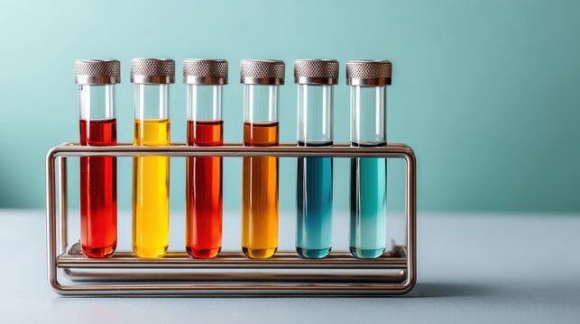 Laboratory test tubes with colorful liquids reflecting surreal olo color science environment perfect for futuristic scientific research visuals and conceptual medical communication