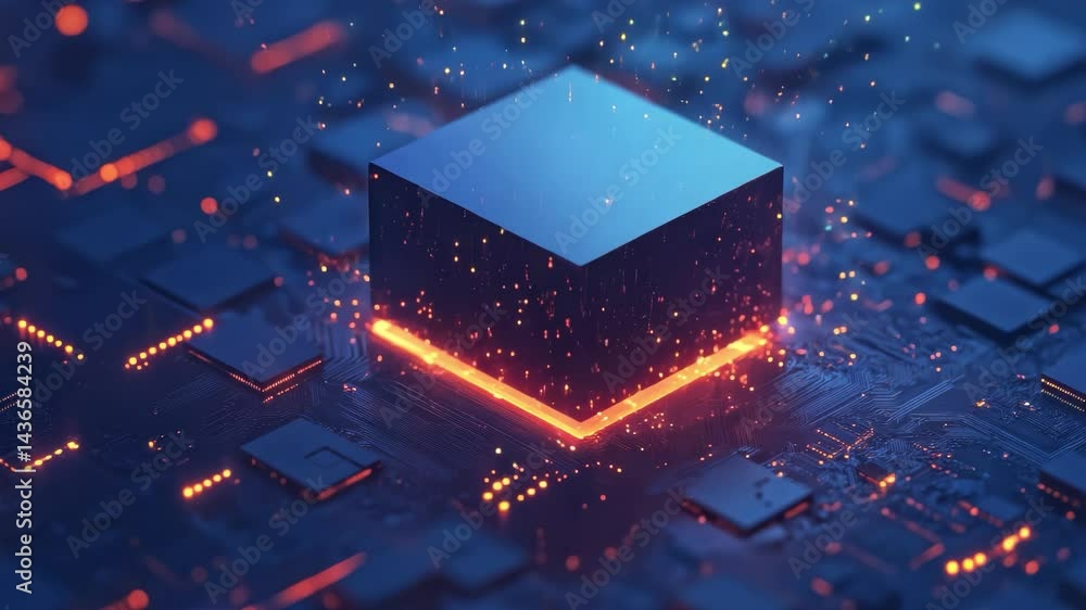 Poster glowing cube running on circuit board