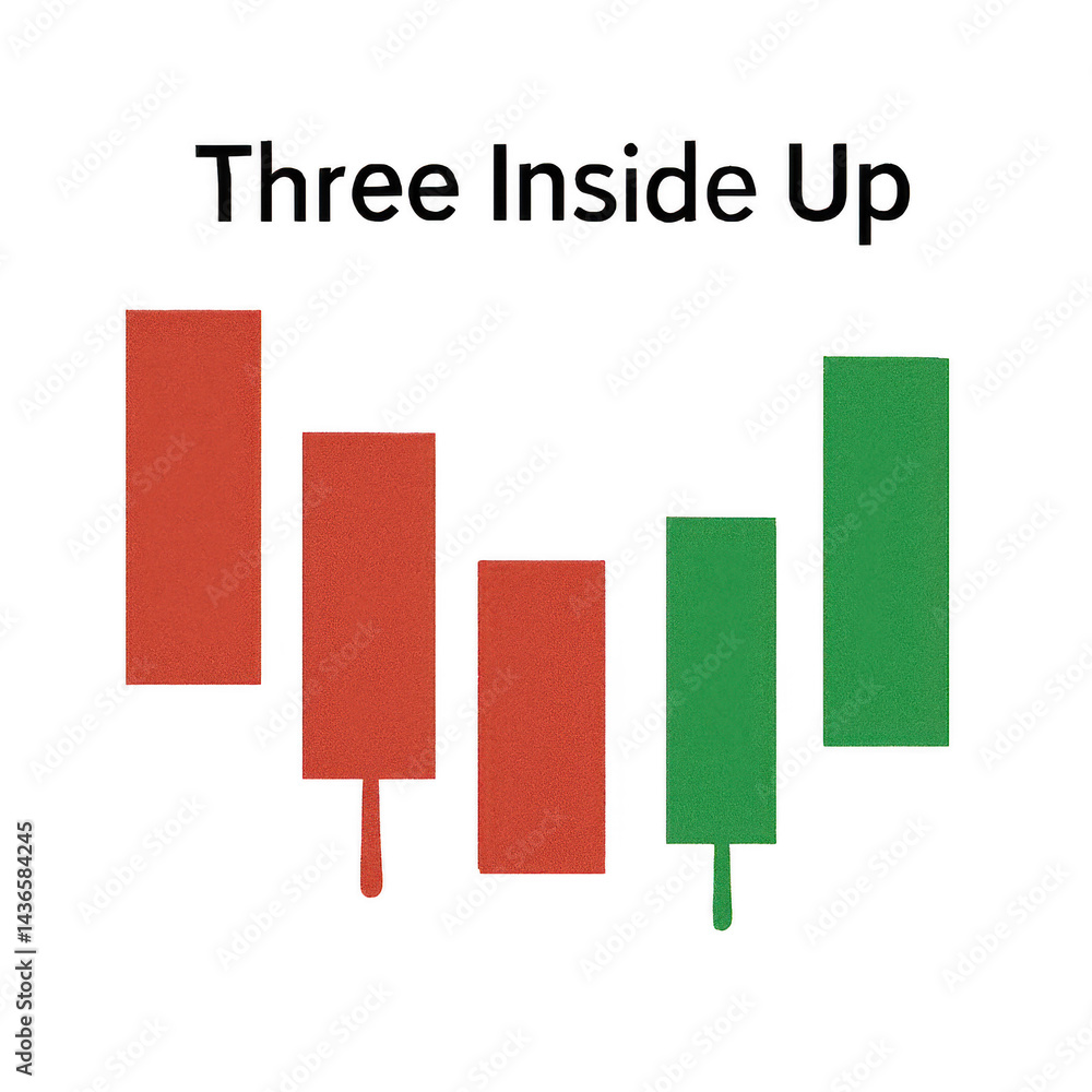 Poster three inside up is bullish candlestick pattern that indicates potential reversal downtrend. this pat