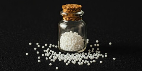 Glass bottle with white homeopathic globules scattered on black background, alternative medicine concept.