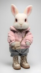 Stylish bunny dressed in a pink hoodie, jeans, boots, and a small purse.