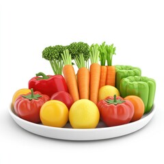 Colorful assortment of fresh fruits and vegetables on a white plate.