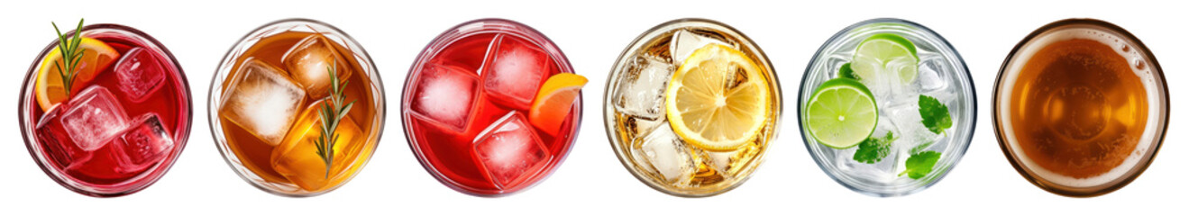 PNG Colorful refreshing assorted beverages lineup, element set on transparent background