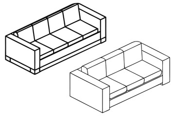 Outline sofas illustration, threeseater with cushions on a transparent background