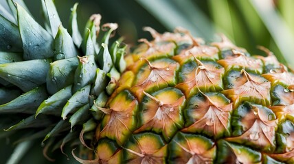 A close-up of a ripe pineapple, showcasing the intricate texture and vibrant colors of the fruit