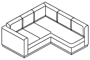 L Shaped Sofa Isolated on White, Isometric Couch with Outline Style Rendering