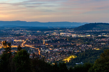 Aerial night view of Bern city from Gurten mountain, Switzerland