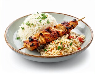 A grilled chicken skewer with white pilaf rice in the side view plate side view studio photography isolated white background