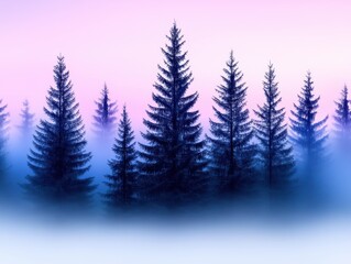 Obraz premium Misty sunrise over a dark evergreen forest, showcasing tall trees in a serene, dreamlike atmosphere