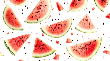 Fresh Watermelon Slices Falling Against White Background