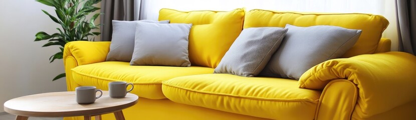 Fototapeta premium Bright Living Room with Yellow Sofa and Gray Pillows
