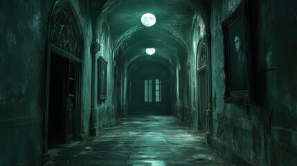 Fototapeta premium Old magical school hallway with ancient portraits whose eyes follow you, moonlight casting an unsettling glow, anime style, nighttime 