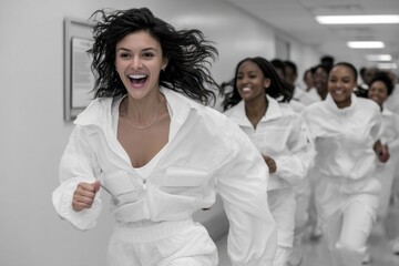 Obraz premium Group of women joyfully running in white outfits through a bright, modern hallway during an energetic event