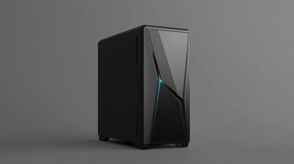 Sleek black computer tower with blue LED light accents on a gray background.