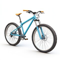 Light blue mountain bike with tan handlebars and seat.