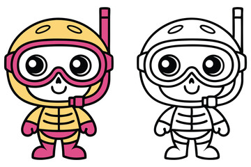 Cute Diver Cartoon Character with Snorkel and Mask in Color and Lineart