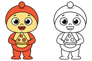 Cheerful Cartoon Character Holding Pizza Slice, Isolated on White, Colored and Line Art