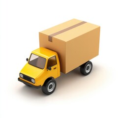 Small yellow delivery truck carrying a large cardboard box.