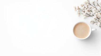A cup of coffee placed on a white surface with delicate white flowers in the corner, minimalist composition, and serene and elegant setting.