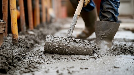 Concrete Worker Using a Shovel to Smooth Wet Cement