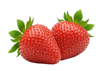 Two fresh strawberries close up on white background