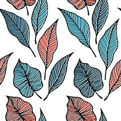 Obraz premium Leaf with vein floral vector seamless pattern. Botanical elements background. Tree plant foliage skeleton texture. Colorful leaves herbal endless ornament. Delicate summer design.