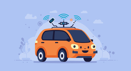 Obraz premium Cartoon orange car with sensors against blue background
