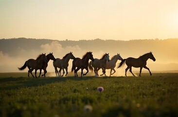 A herd of horses galloping away, leaving dust in their wake