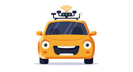 Cartoon self-driving car with smiling face and sensor equipment
