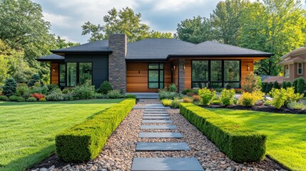 Fototapeta premium Modern home exterior with landscaping