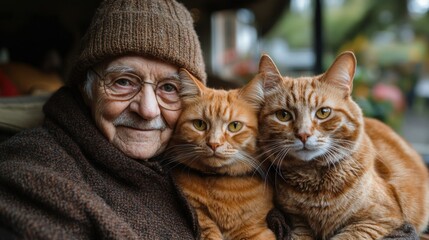 Elderly Man with Two Ginger Cats in Cozy Indoor Setting