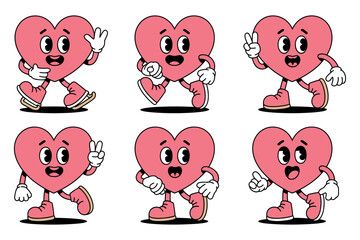 Set Of Retro Heart Characters In Various Poses Nostalgic Cartoon Hearts With Legs And Arms Valentines Day Themed Design