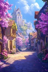 Sunlit Village Street with Purple Blossoms and Majestic Castle