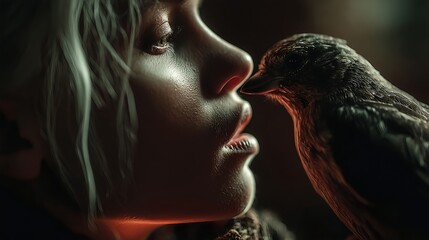 woman touching bird beak with nose in dramatic light