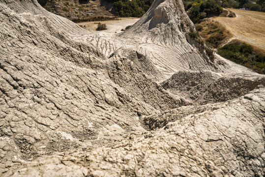 Detail of structures of eroded hills of Komolithi earth pyramids on the island of Crete
