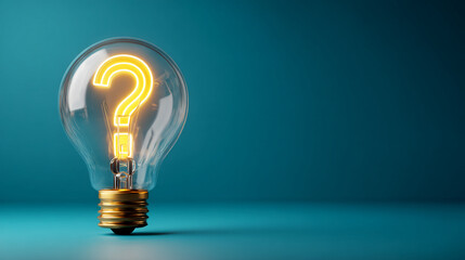 Glass lightbulb on teal background, showcasing a glowing question mark inside, symbolizing inquiry, problem-solving, or idea generation